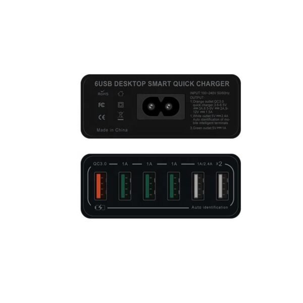 60W 12A 6-Port Universal USB Power Supply Adapter – PD 3.0, OTP & OVP Protection, Fireproof Travel Charger